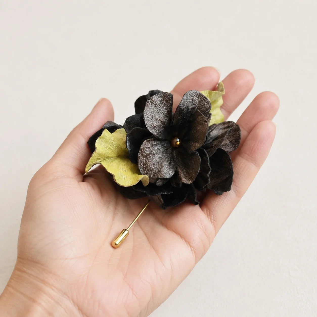 Vintage-Inspired Espresso Black Handcrafted Lambskin Leather Floral Cluster Stick Pin Brooch for Scarves, Knits & Jackets