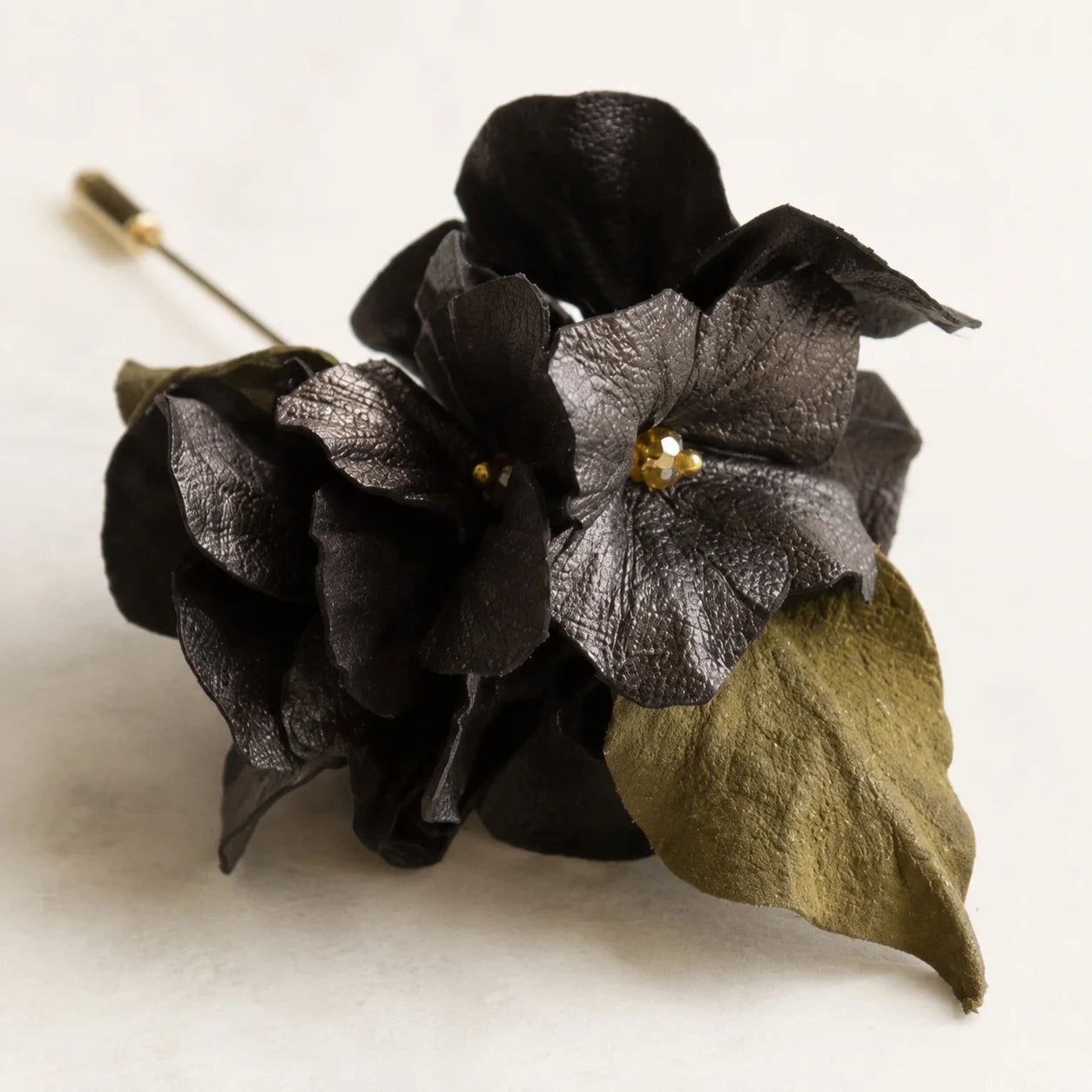 Vintage-Inspired Espresso Black Handcrafted Lambskin Leather Floral Cluster Stick Pin Brooch for Scarves, Knits & Jackets