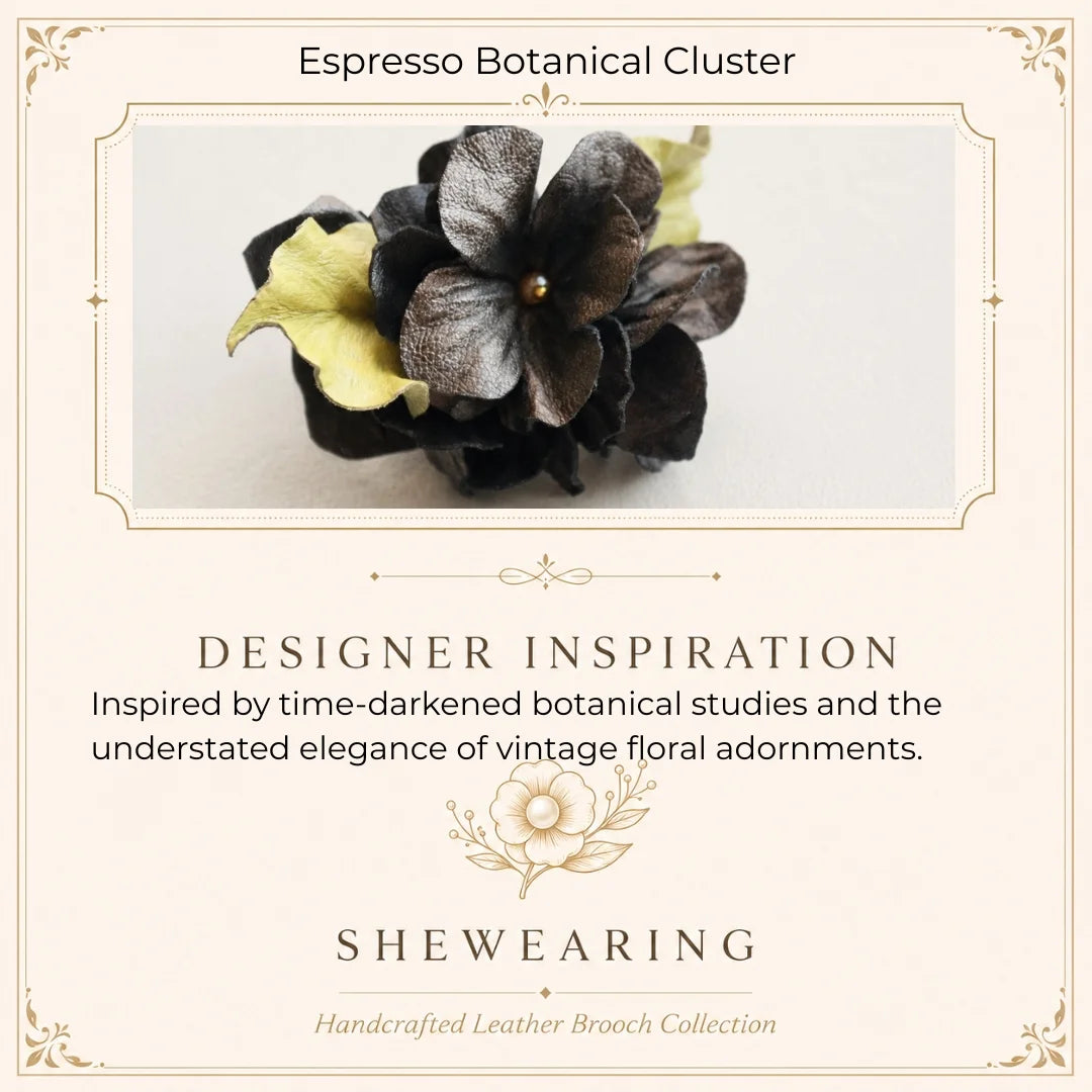 Vintage-Inspired Espresso Black Handcrafted Lambskin Leather Floral Cluster Stick Pin Brooch for Scarves, Knits & Jackets