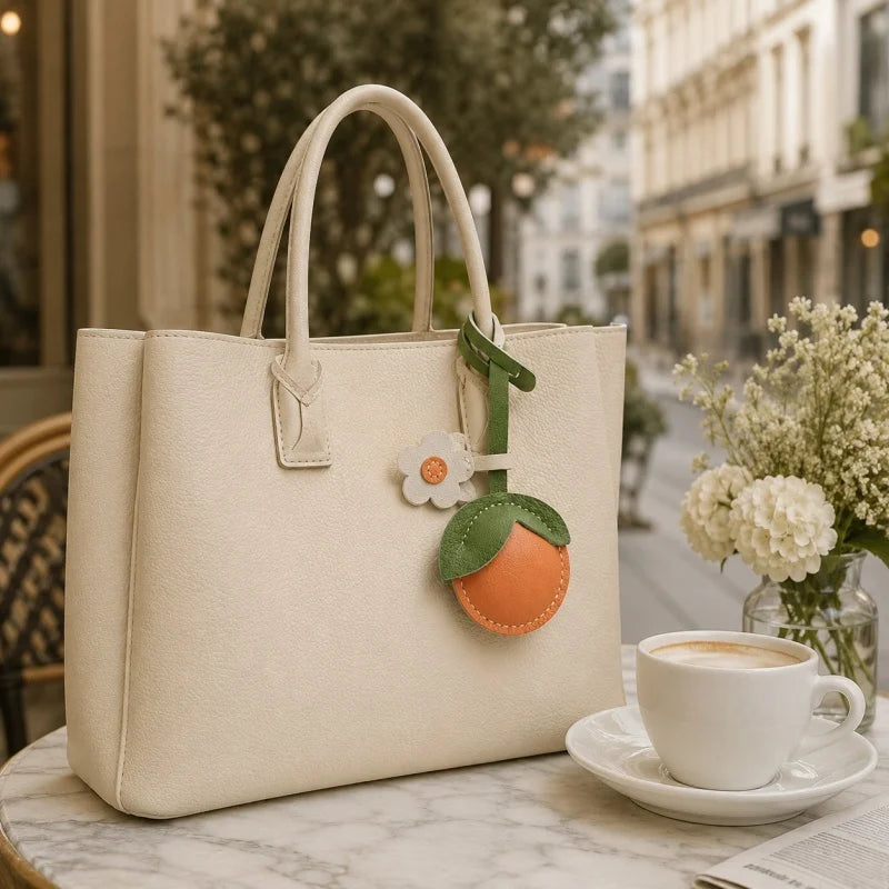 Alegre dije para bolso con limón y naranja: accesorio artesanal de piel de cordero plena flor con detalle floral, perfecto para bolsos o llaves. Una idea de regalo divertida y elegante.