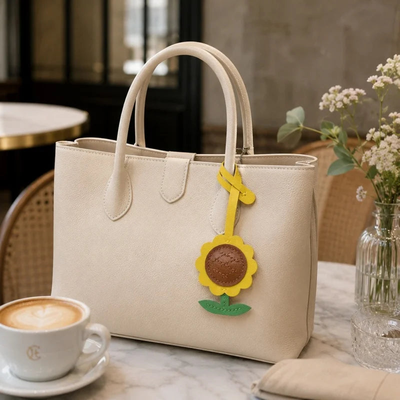 Sunflower Leather Bag Charm – Handmade Lambskin Cartoon Floral Pendant | Cute Keychain for Handbags, Backpacks or Gift Accessories