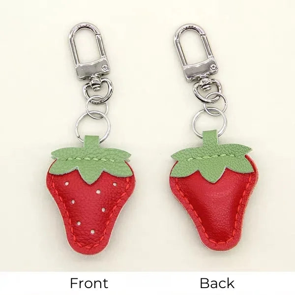 Strawberry Leather Bag Charm – Handcrafted Red & Pink Lambskin Pendant | Cute Fruit-Inspired Keychain | Soft Full-Grain Accessory for Bags & Gifts