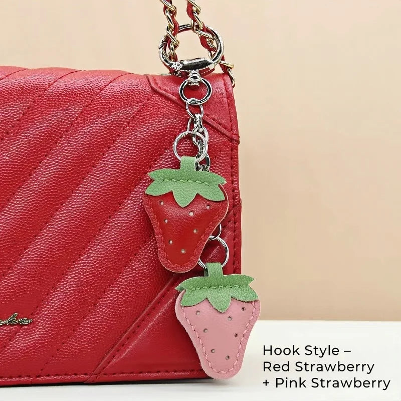 Strawberry Leather Bag Charm – Handcrafted Red & Pink Lambskin Pendant | Cute Fruit-Inspired Keychain | Soft Full-Grain Accessory for Bags & Gifts
