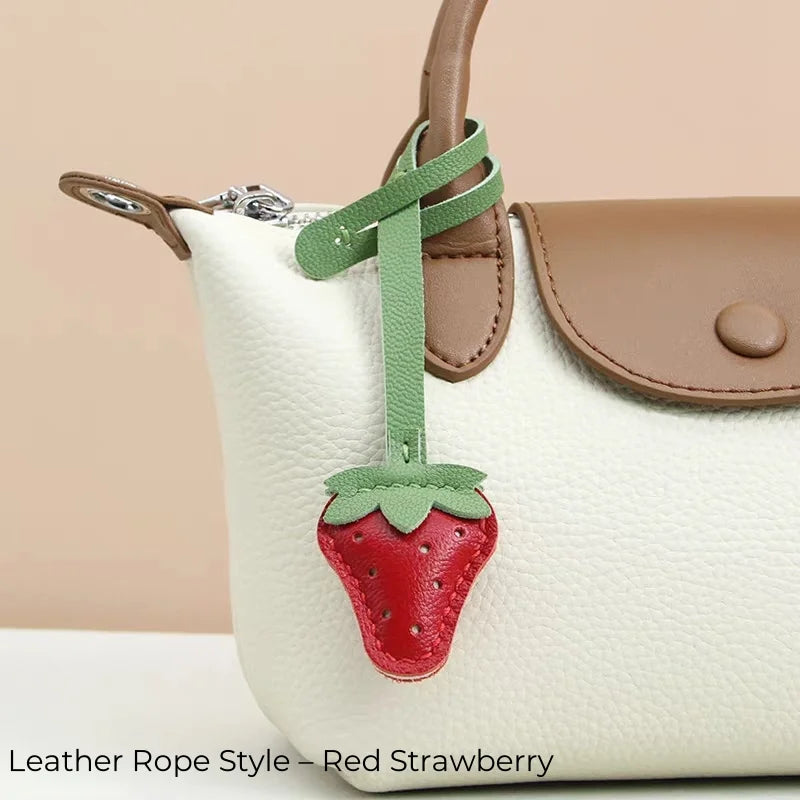 Strawberry Leather Bag Charm – Handcrafted Red & Pink Lambskin Pendant | Cute Fruit-Inspired Keychain | Soft Full-Grain Accessory for Bags & Gifts