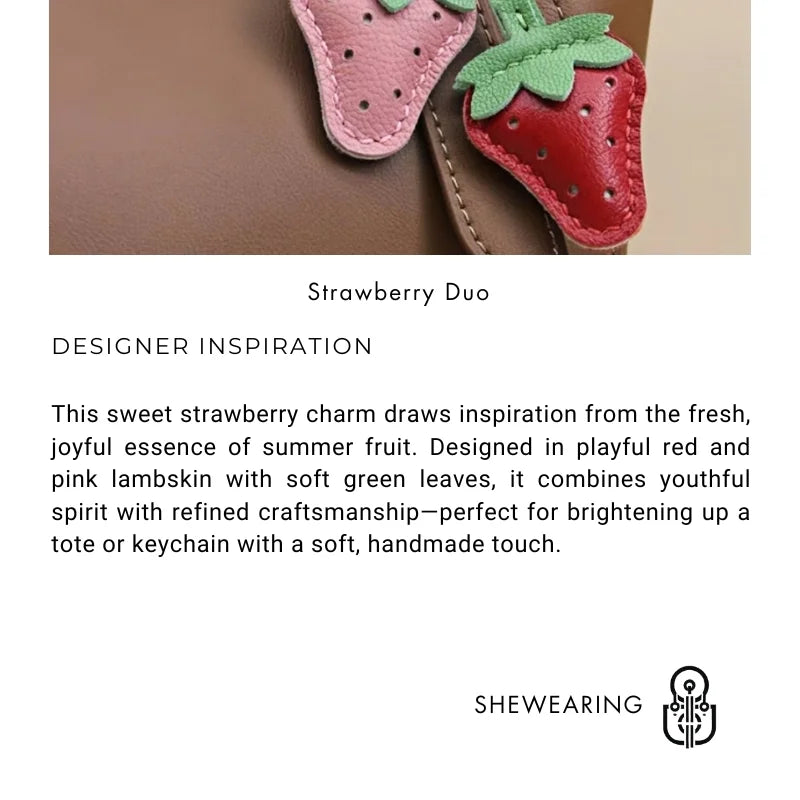 Strawberry Leather Bag Charm – Handcrafted Red & Pink Lambskin Pendant | Cute Fruit-Inspired Keychain | Soft Full-Grain Accessory for Bags & Gifts