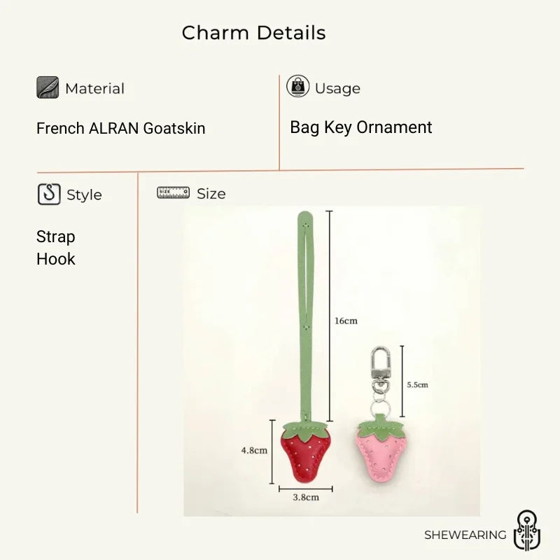Strawberry Leather Bag Charm – Handcrafted Red & Pink Lambskin Pendant | Cute Fruit-Inspired Keychain | Soft Full-Grain Accessory for Bags & Gifts
