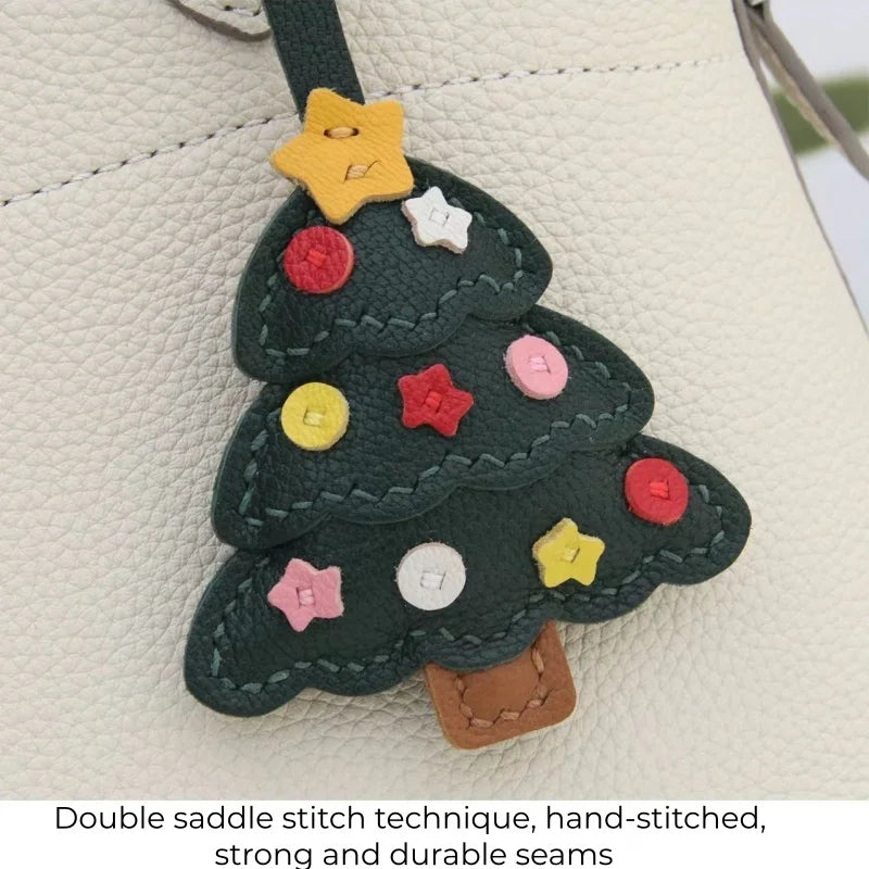 Christmas Tree Leather Bag Charm – Handmade Sheepskin Pendant | Festive Holiday Accessory | Hand-Stitched Keychain & Handbag Ornament