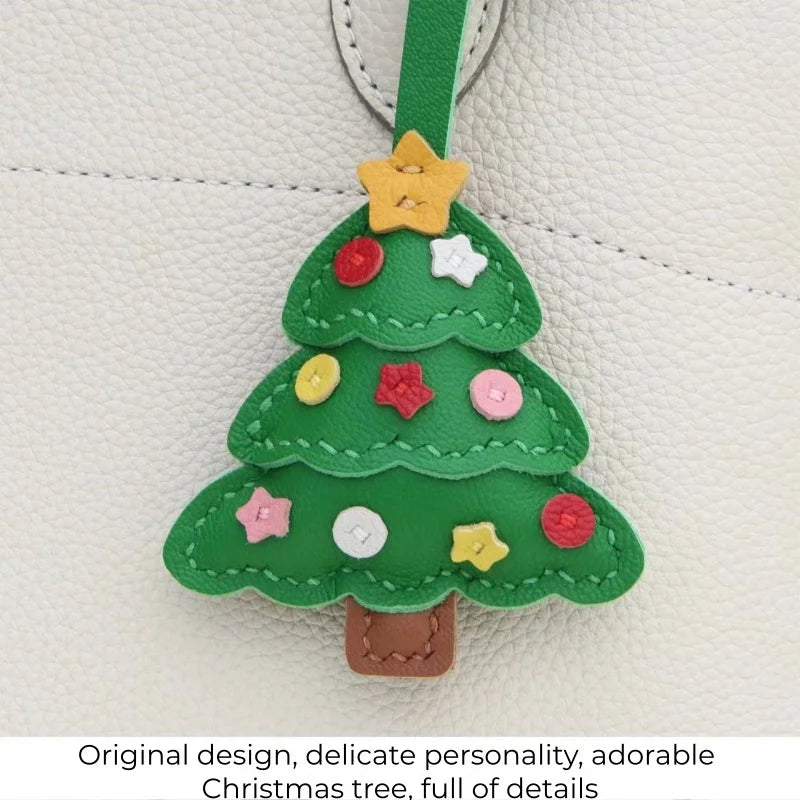 Christmas Tree Leather Bag Charm – Handmade Sheepskin Pendant | Festive Holiday Accessory | Hand-Stitched Keychain & Handbag Ornament