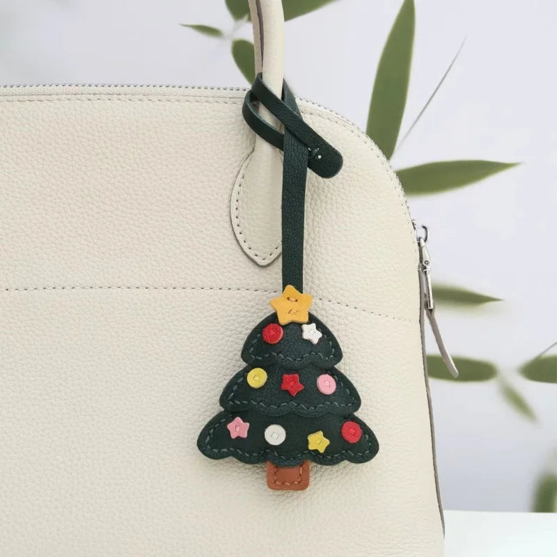 Christmas Tree Leather Bag Charm – Handmade Sheepskin Pendant | Festive Holiday Accessory | Hand-Stitched Keychain & Handbag Ornament