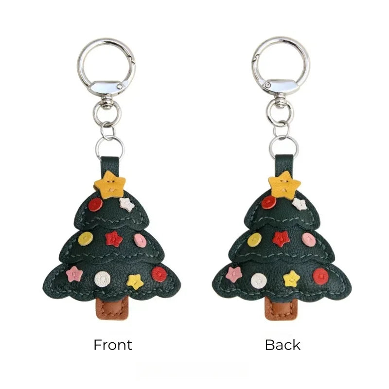 Christmas Tree Leather Bag Charm – Handmade Sheepskin Pendant | Festive Holiday Accessory | Hand-Stitched Keychain & Handbag Ornament
