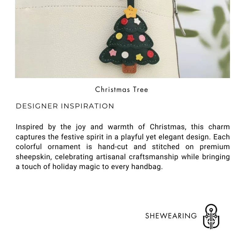 Christmas Tree Leather Bag Charm – Handmade Sheepskin Pendant | Festive Holiday Accessory | Hand-Stitched Keychain & Handbag Ornament