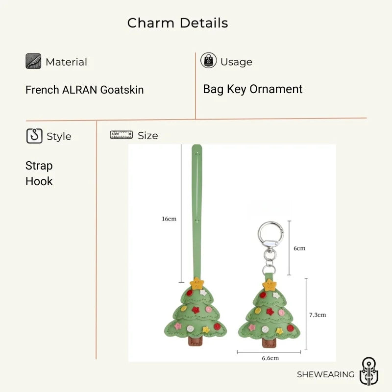 Christmas Tree Leather Bag Charm – Handmade Sheepskin Pendant | Festive Holiday Accessory | Hand-Stitched Keychain & Handbag Ornament