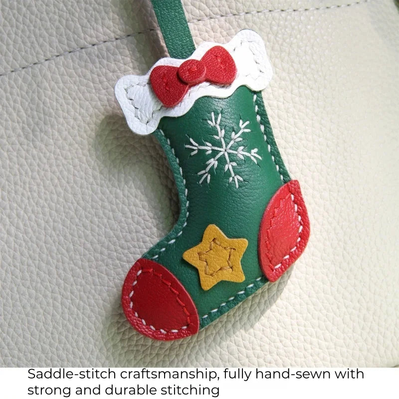 Christmas Stocking Leather Bag Charm – Handmade Full-Grain Sheepskin Holiday Pendant | Festive Hand-Stitched Accessory for Handbags & Keys | Unique Christmas Gift for Her