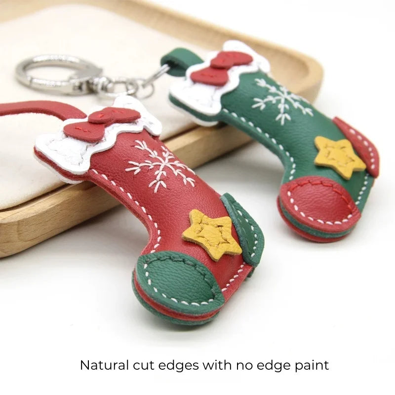 Christmas Stocking Leather Bag Charm – Handmade Full-Grain Sheepskin Holiday Pendant | Festive Hand-Stitched Accessory for Handbags & Keys | Unique Christmas Gift for Her