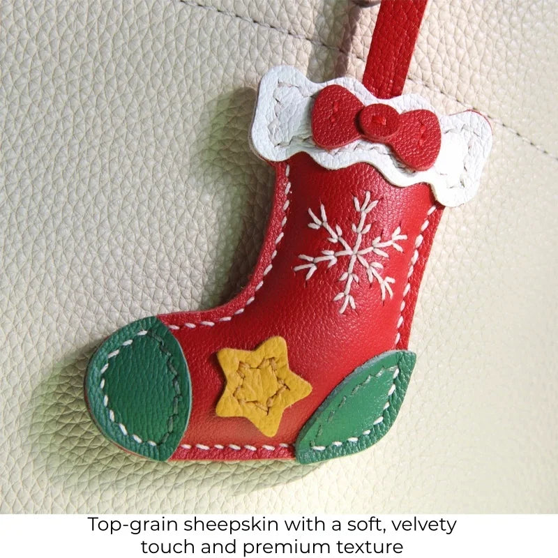 Christmas Stocking Leather Bag Charm – Handmade Full-Grain Sheepskin Holiday Pendant | Festive Hand-Stitched Accessory for Handbags & Keys | Unique Christmas Gift for Her