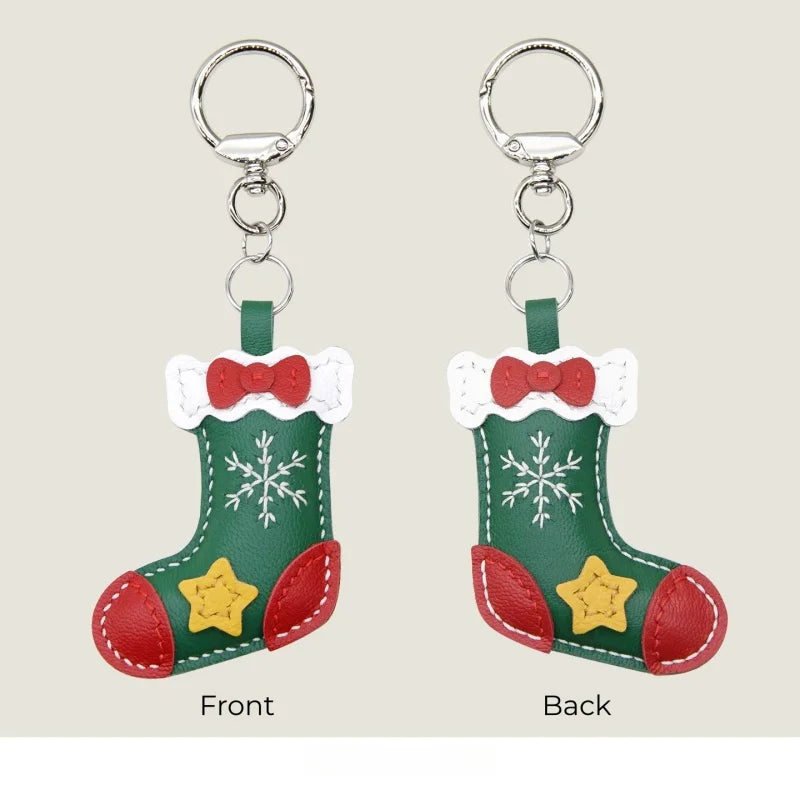 Christmas Stocking Leather Bag Charm – Handmade Full-Grain Sheepskin Holiday Pendant | Festive Hand-Stitched Accessory for Handbags & Keys | Unique Christmas Gift for Her