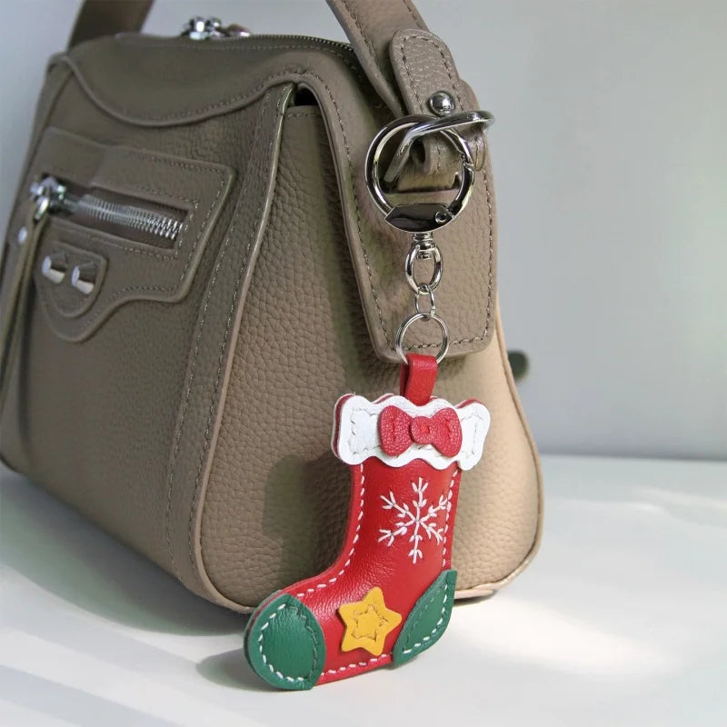 Christmas Stocking Leather Bag Charm – Handmade Full-Grain Sheepskin Holiday Pendant | Festive Hand-Stitched Accessory for Handbags & Keys | Unique Christmas Gift for Her