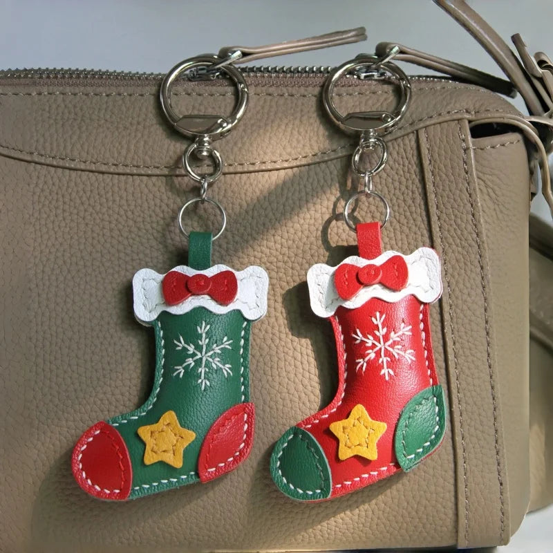 Christmas Stocking Leather Bag Charm – Handmade Full-Grain Sheepskin Holiday Pendant | Festive Hand-Stitched Accessory for Handbags & Keys | Unique Christmas Gift for Her