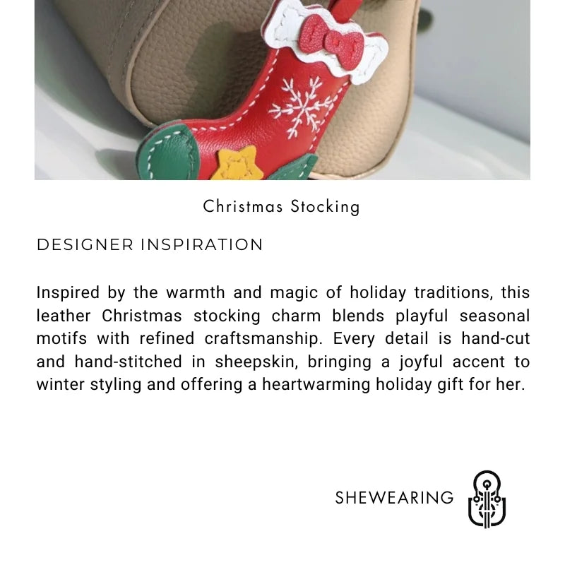 Christmas Stocking Leather Bag Charm – Handmade Full-Grain Sheepskin Holiday Pendant | Festive Hand-Stitched Accessory for Handbags & Keys | Unique Christmas Gift for Her