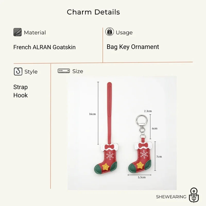 Christmas Stocking Leather Bag Charm – Handmade Full-Grain Sheepskin Holiday Pendant | Festive Hand-Stitched Accessory for Handbags & Keys | Unique Christmas Gift for Her