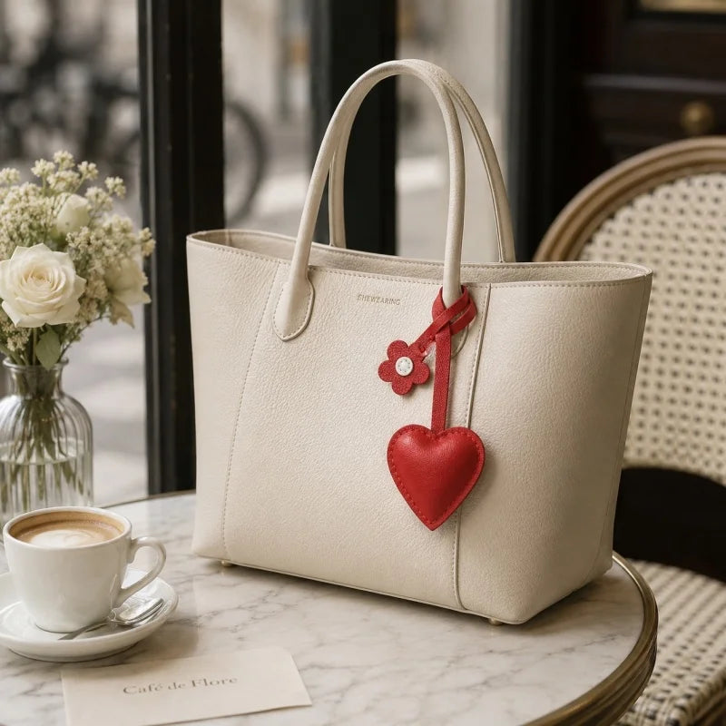 Dije de corazón de cuero artesanal para bolso – Colgante de corazón de piel de cabra hecho a mano con detalle floral | Accesorio romántico minimalista para bolso | Un regalo atemporal para ella