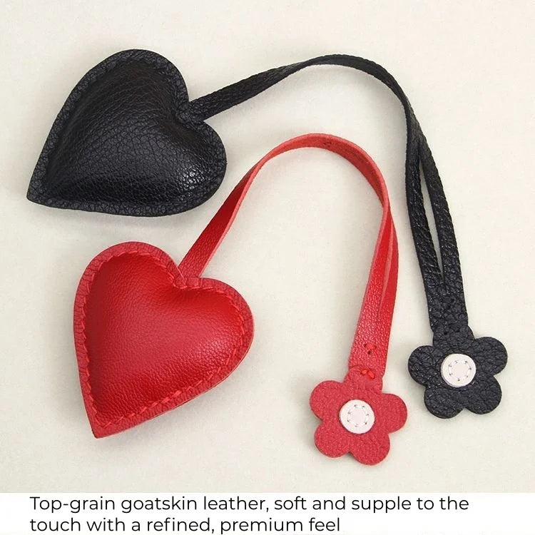 Handcrafted Leather Heart Bag Charm – Handmade Goatskin Heart Pendant with Floral Accent | Minimalist Romantic Bag Accessory | Timeless Gift for Her