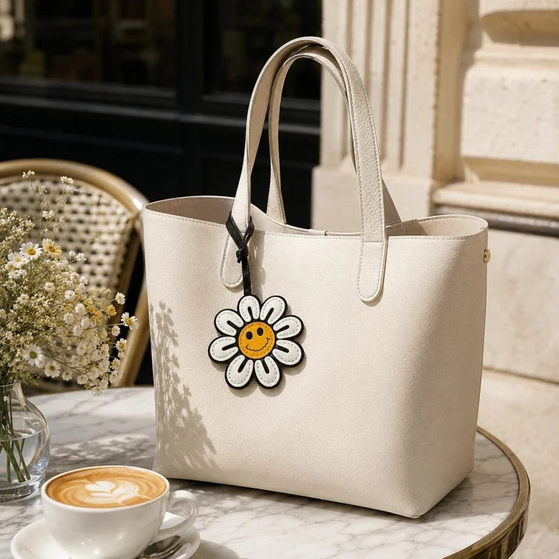 Handcrafted Sunflower Leather Bag Charm – Full-Grain Lambskin Keychain, Minimalist and Fashionable Gift for Women