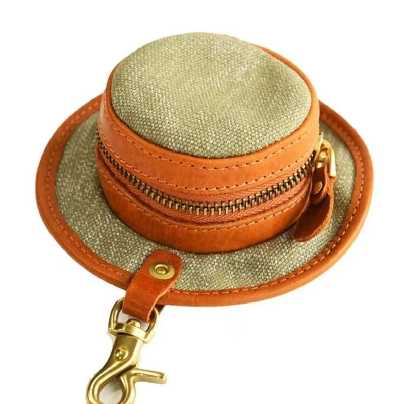 Vintage Hat-Inspired Mini Leather & Canvas Bag Charm – Handmade Earbud Case & Coin Purse | Unique Accessory for Handbags, Backpacks & Keychains