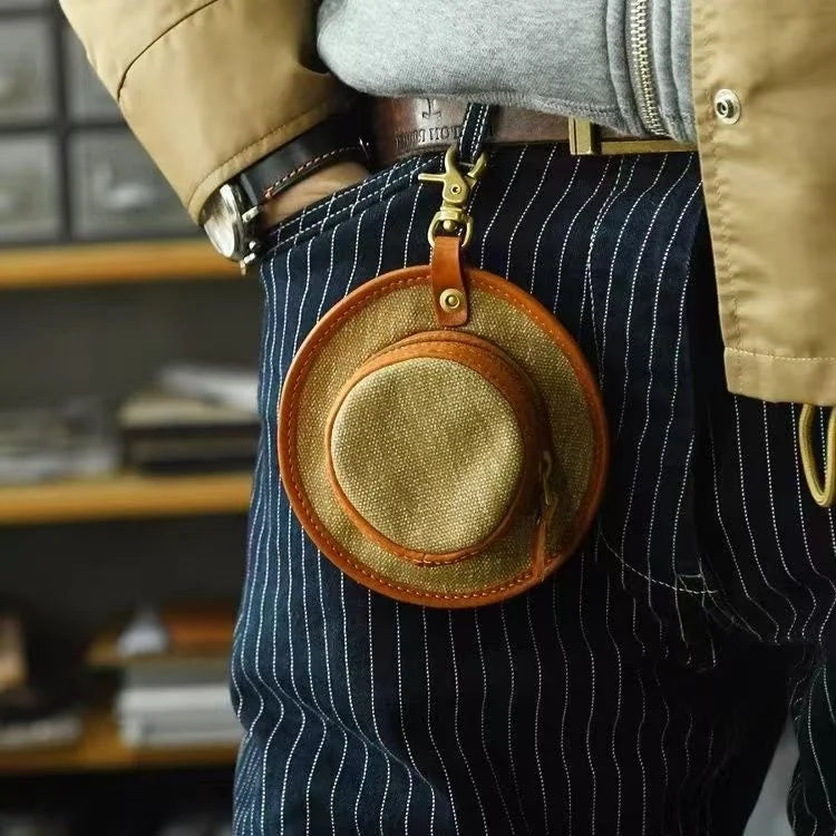 Vintage Hat-Inspired Mini Leather & Canvas Bag Charm – Handmade Earbud Case & Coin Purse | Unique Accessory for Handbags, Backpacks & Keychains