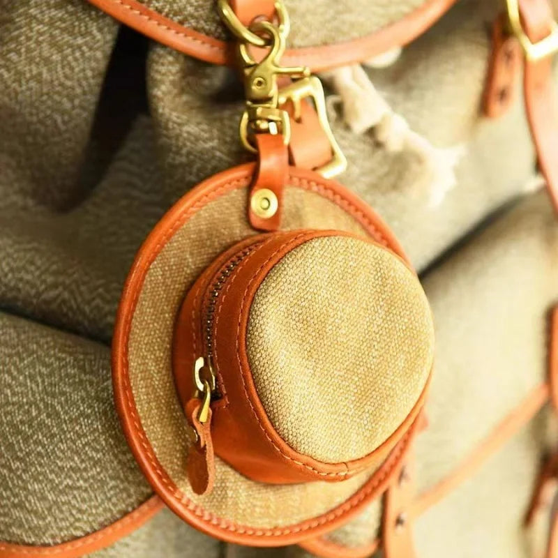Vintage Hat-Inspired Mini Leather & Canvas Bag Charm – Handmade Earbud Case & Coin Purse | Unique Accessory for Handbags, Backpacks & Keychains