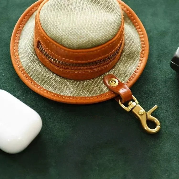 Vintage Hat-Inspired Mini Leather & Canvas Bag Charm – Handmade Earbud Case & Coin Purse | Unique Accessory for Handbags, Backpacks & Keychains