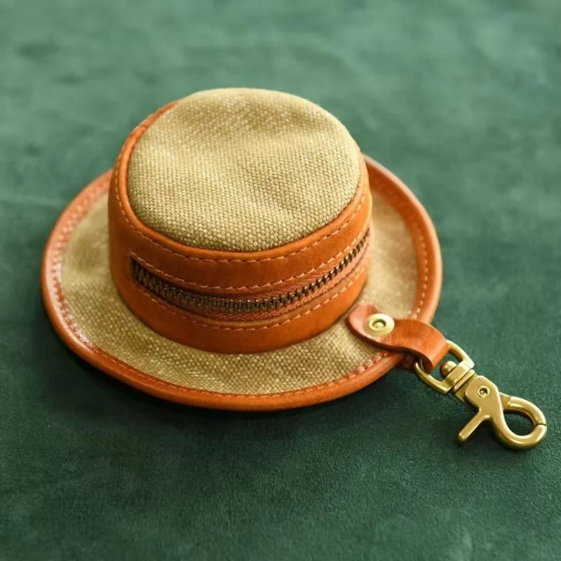 Vintage Hat-Inspired Mini Leather & Canvas Bag Charm – Handmade Earbud Case & Coin Purse | Unique Accessory for Handbags, Backpacks & Keychains