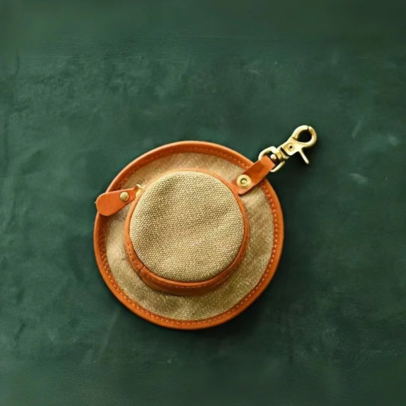 Vintage Hat-Inspired Mini Leather & Canvas Bag Charm – Handmade Earbud Case & Coin Purse | Unique Accessory for Handbags, Backpacks & Keychains