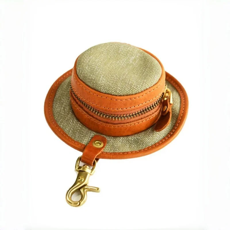 Vintage Hat-Inspired Mini Leather & Canvas Bag Charm – Handmade Earbud Case & Coin Purse | Unique Accessory for Handbags, Backpacks & Keychains
