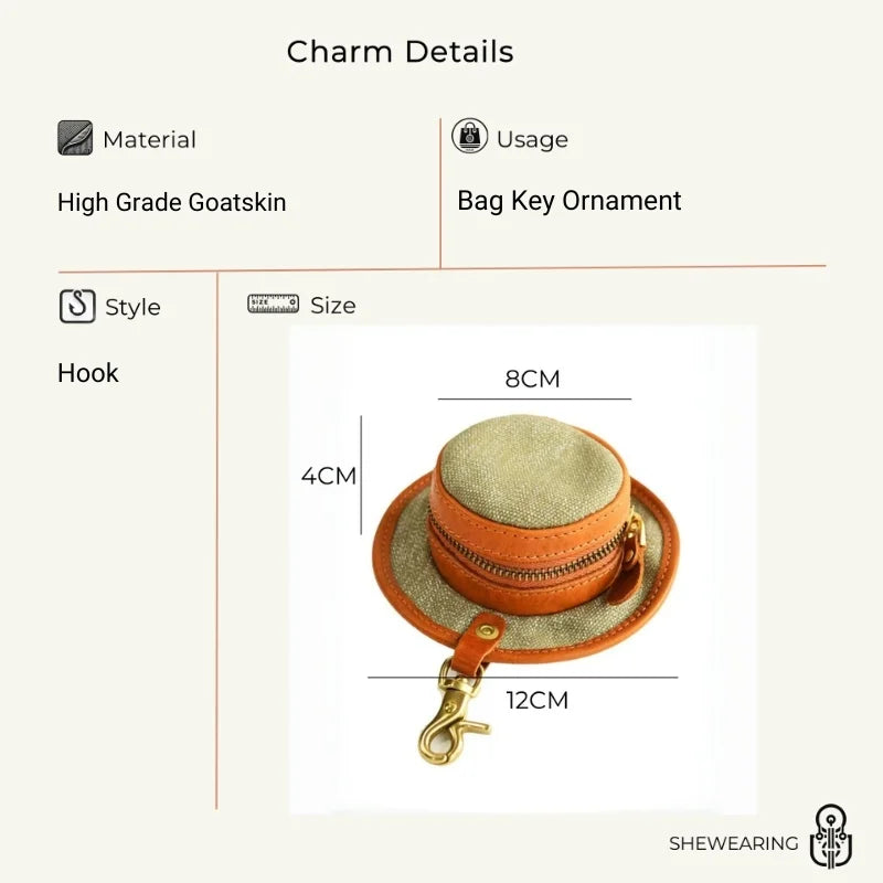 Vintage Hat-Inspired Mini Leather & Canvas Bag Charm – Handmade Earbud Case & Coin Purse | Unique Accessory for Handbags, Backpacks & Keychains