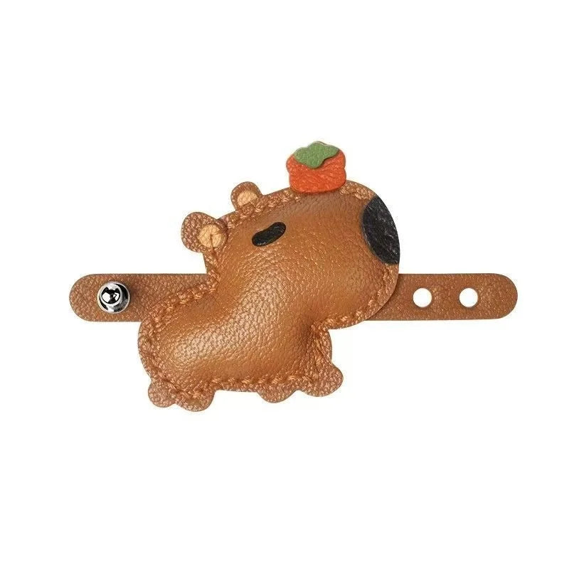 Lucky Capybara Leather Bag Charm – Handmade Sheepskin Capybara with Persimmon Hat | Adjustable Clip-On Pendant | Whimsical Good Luck Gift