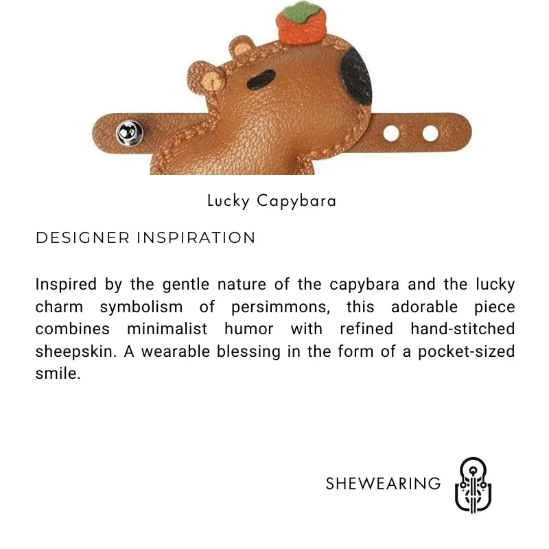Lucky Capybara Leather Bag Charm – Handmade Sheepskin Capybara with Persimmon Hat | Adjustable Clip-On Pendant | Whimsical Good Luck Gift