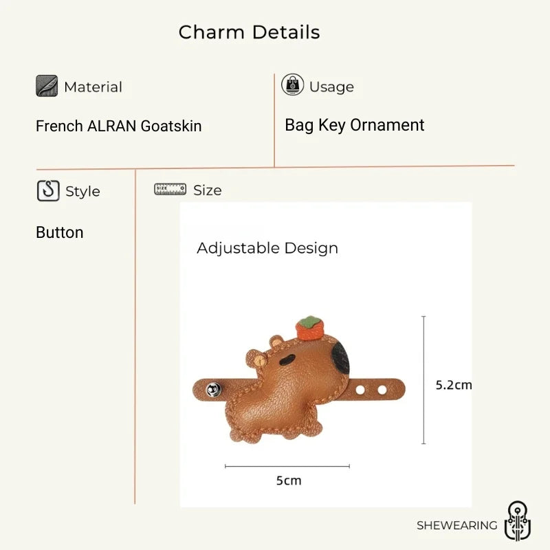 Lucky Capybara Leather Bag Charm – Handmade Sheepskin Capybara with Persimmon Hat | Adjustable Clip-On Pendant | Whimsical Good Luck Gift