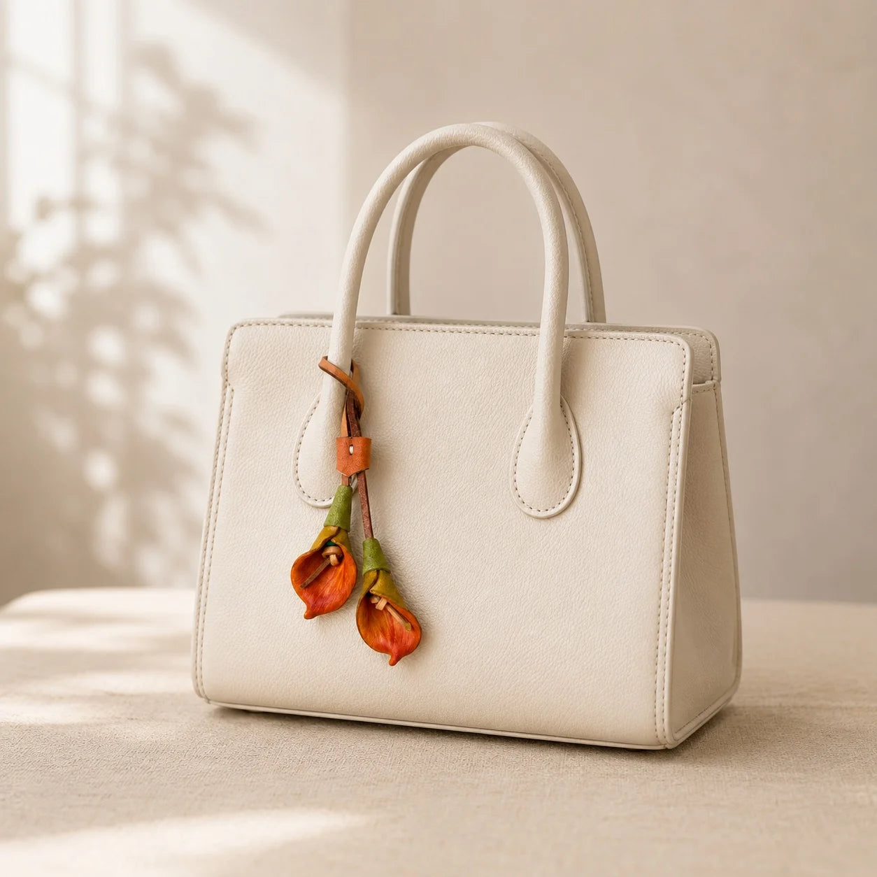 Hand-Painted Orange Calla Lily Leather Bag Charm, Double-Bloom Handbag Accessory with Soft Leather Petals