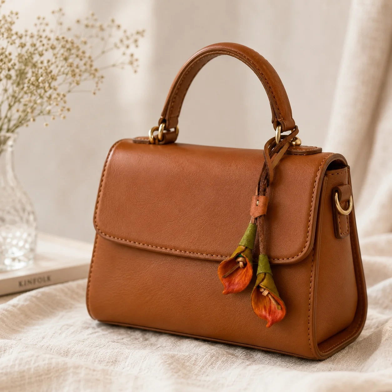 Hand-Painted Orange Calla Lily Leather Bag Charm, Double-Bloom Handbag Accessory with Soft Leather Petals