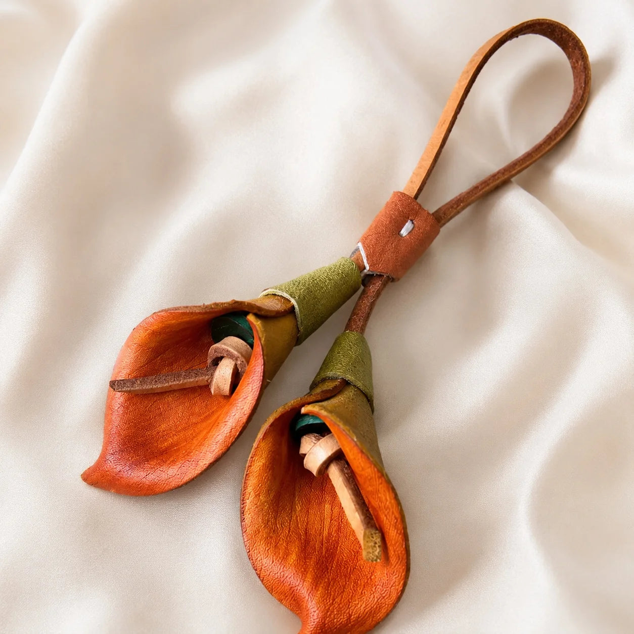 Hand-Painted Orange Calla Lily Leather Bag Charm, Double-Bloom Handbag Accessory with Soft Leather Petals