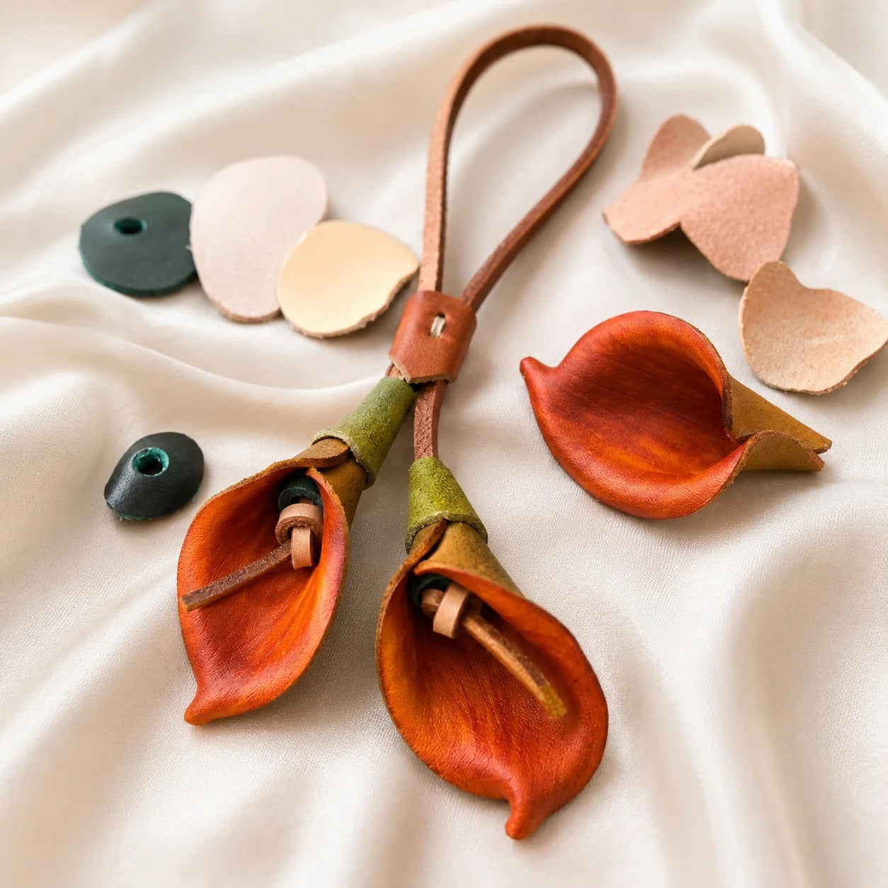 Hand-Painted Orange Calla Lily Leather Bag Charm, Double-Bloom Handbag Accessory with Soft Leather Petals