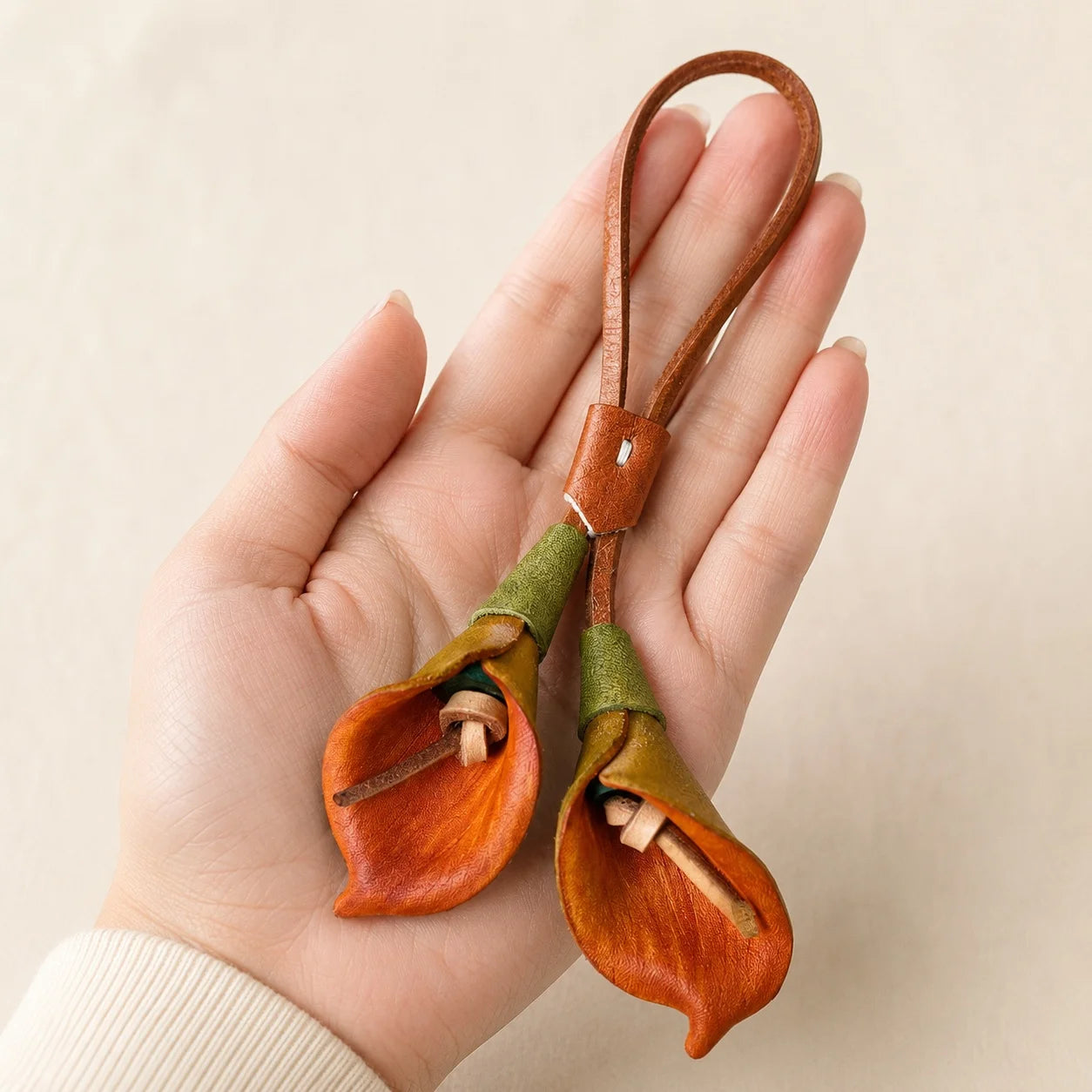 Hand-Painted Orange Calla Lily Leather Bag Charm, Double-Bloom Handbag Accessory with Soft Leather Petals
