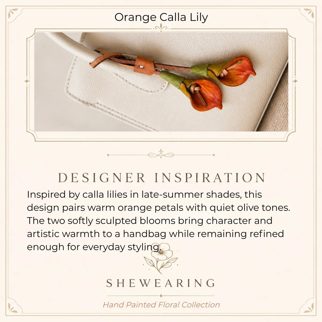 Hand-Painted Orange Calla Lily Leather Bag Charm, Double-Bloom Handbag Accessory with Soft Leather Petals