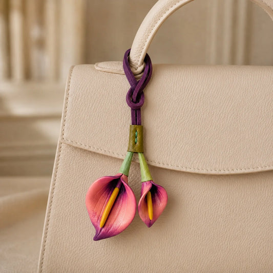 Hand-Painted Pink and Purple Calla Lily Leather Bag Charm, Double Floral Handbag Accessory Gift for Her