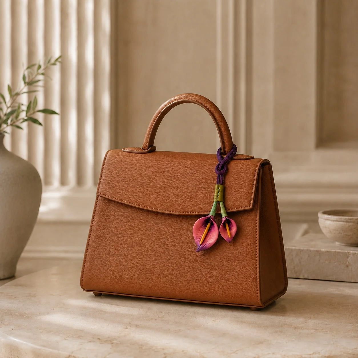 Hand-Painted Pink and Purple Calla Lily Leather Bag Charm, Double Floral Handbag Accessory Gift for Her