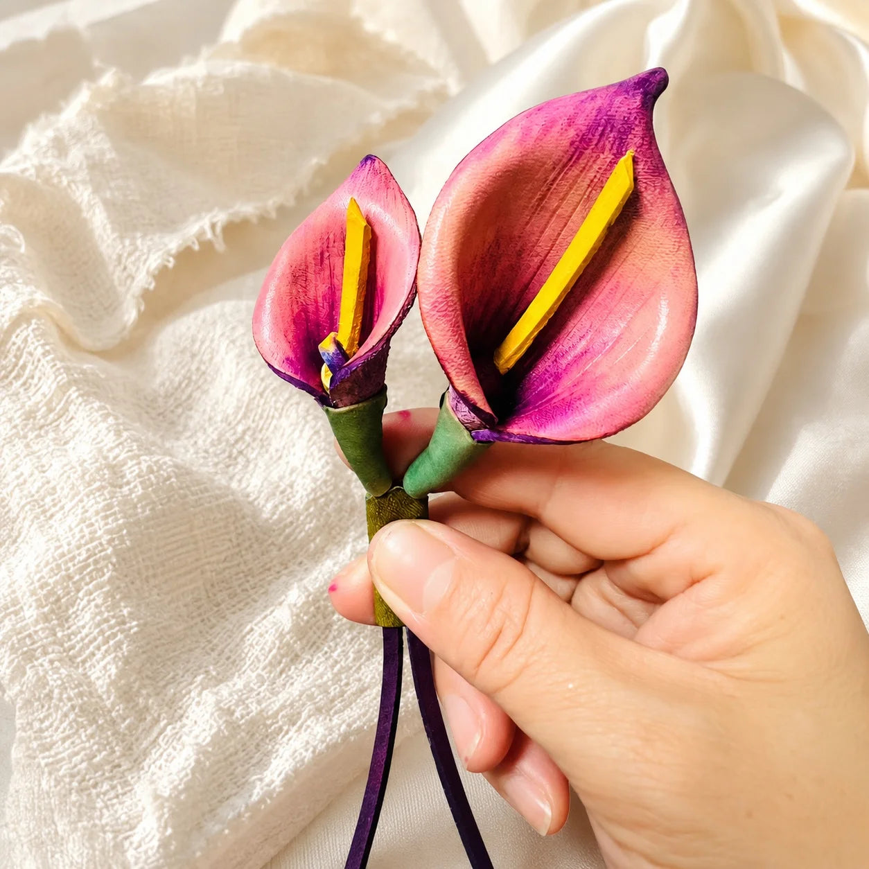 Hand-Painted Pink and Purple Calla Lily Leather Bag Charm, Double Floral Handbag Accessory Gift for Her