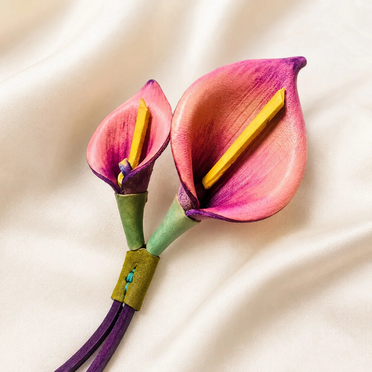 Hand-Painted Pink and Purple Calla Lily Leather Bag Charm, Double Floral Handbag Accessory Gift for Her