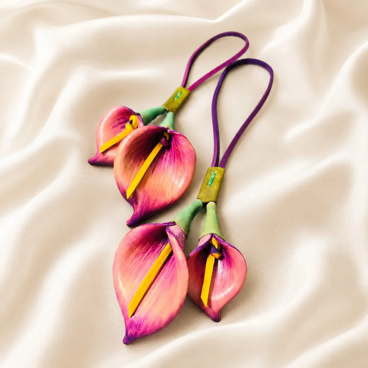 Hand-Painted Pink and Purple Calla Lily Leather Bag Charm, Double Floral Handbag Accessory Gift for Her