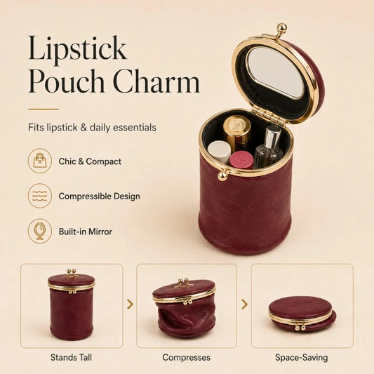 Foldable Leather Lipstick Pouch with Mirror – Compact Barrel Makeup Case | Mini Coin Purse for Daily Essentials | Gift for Her